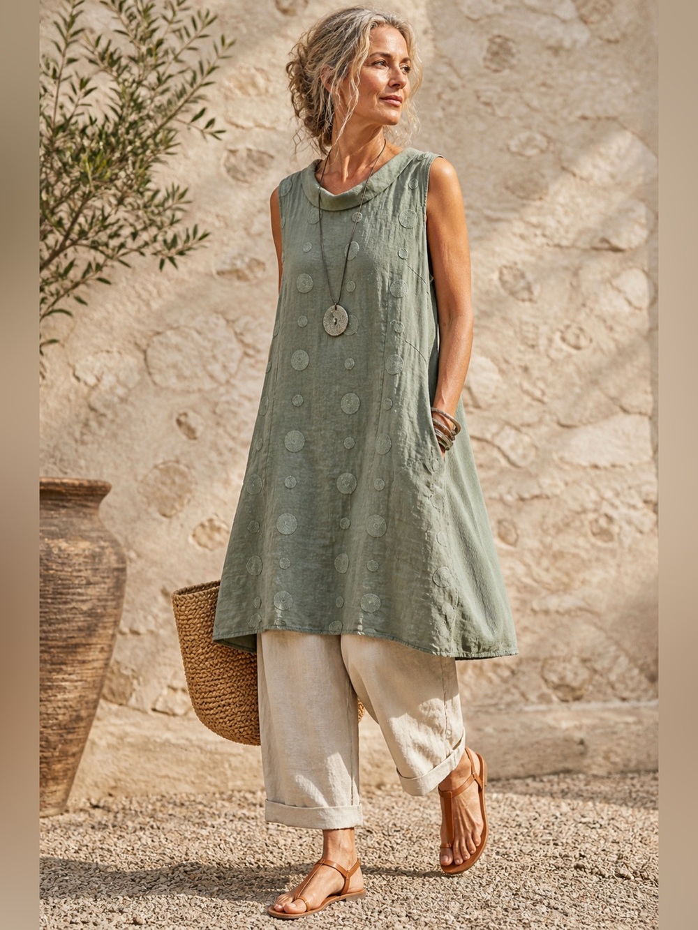 Lina Tomei Linen Polka Dot Tunic Dress Lagenlook Coastal Minimalist L